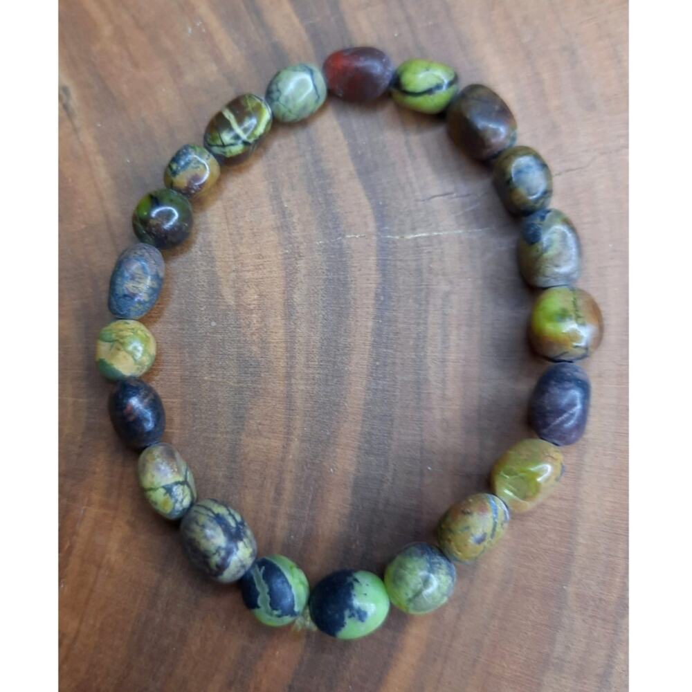Artisan Rainforest Jasper Pebble Bracelet Rhyolite Earthy Green Stretch Gemstone